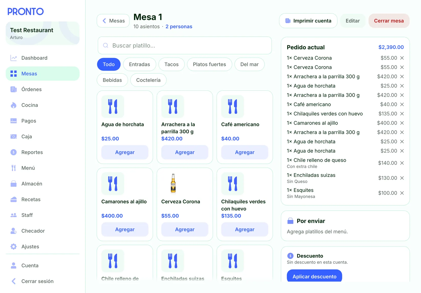 Pronto on an iPad: Table 1 open with the menu and the current order.