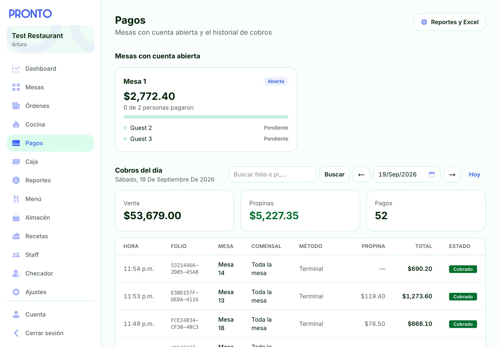 Payments on the iPad: sales, tips and the day’s payments with their receipt numbers.