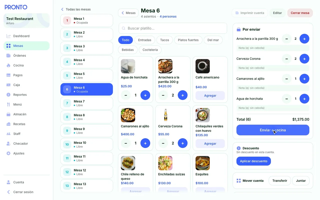 Table 6 in the panel: dishes with photos and the order ready to send to the kitchen.